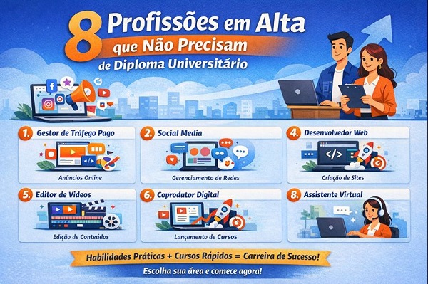 Hoje, diversas profissões valorizam habilidades práticas, experiência, cursos rápido e dedicação, oferecendo excelente oportunidade de crescimento. Tome nota, você vai conhecer 8 profissões em alta que não exigem faculdade e que podem ser iniciadas ainda este ano